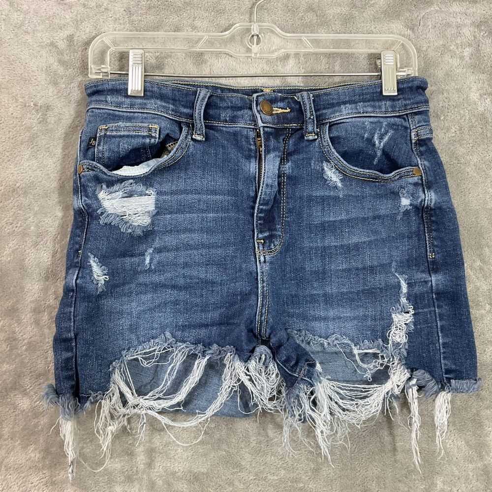 Judy Blue Distressed Denim Shorts Frayed Hem women’s size  Medium Blue stretch.